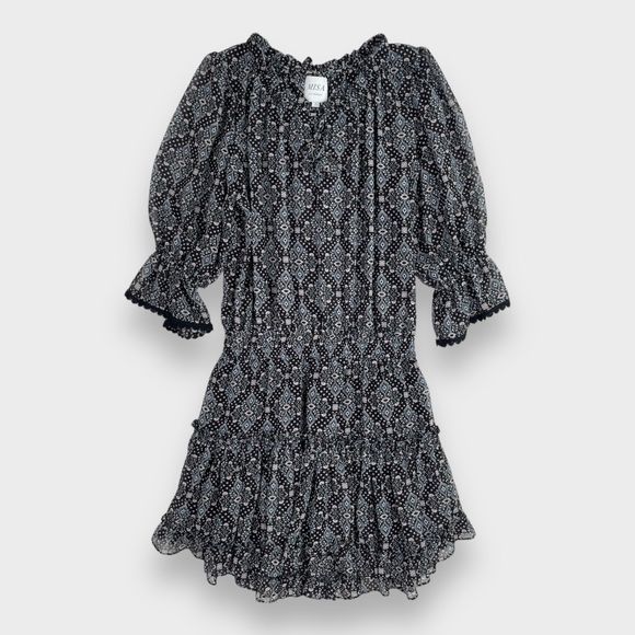 MISA Los Angeles Printed Split-Neck Blouson Tiered Ruffle Mini Dress Size Small - Picture 5 of 15